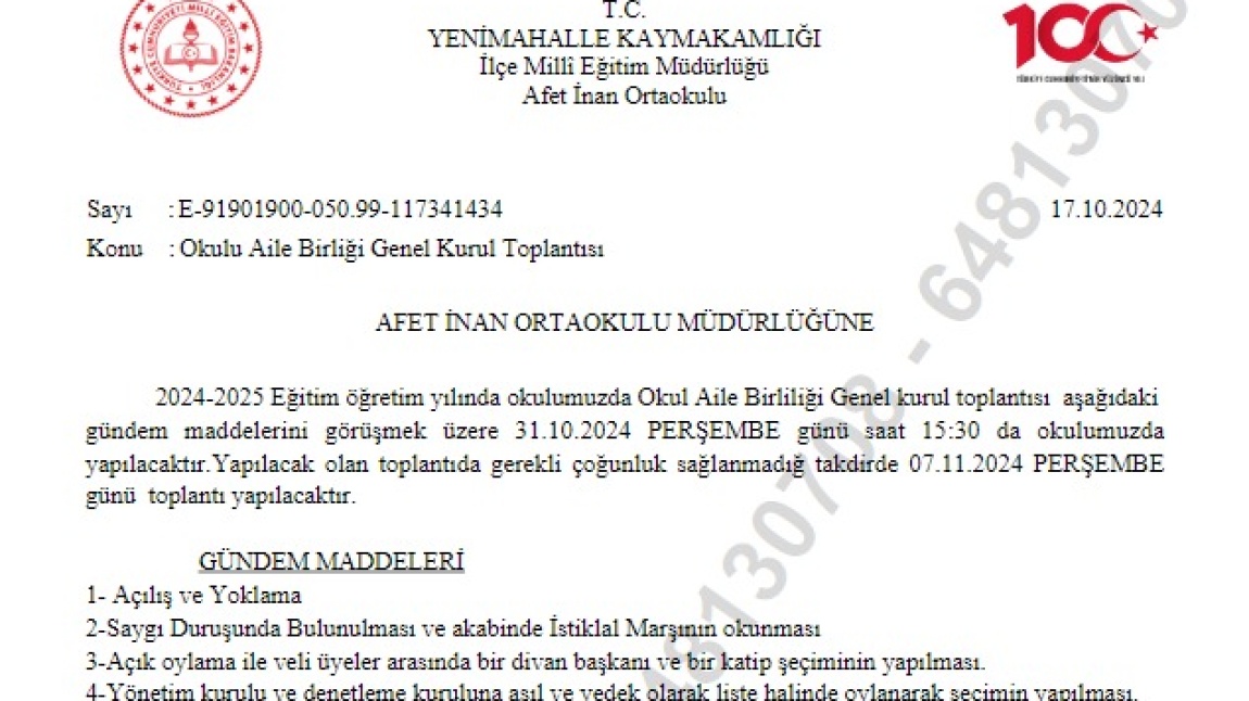 Okul Aile Birliği Genel Kurulu 31 Ekim Perşembe Günü Saat 15:30'da yapılacaktır.