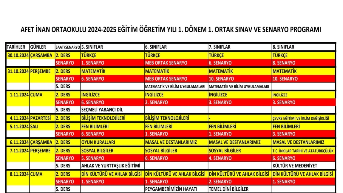 2024-2025 Eğitim Öğretim Yılı 1. Dönem 1. Ortak Sınav ve Senaryo Programı yayınlandı